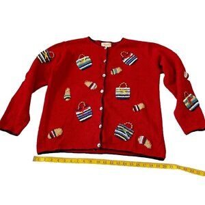 Vintage Talbots Red Cardigan With Woven Purse Appliques & Button Closure